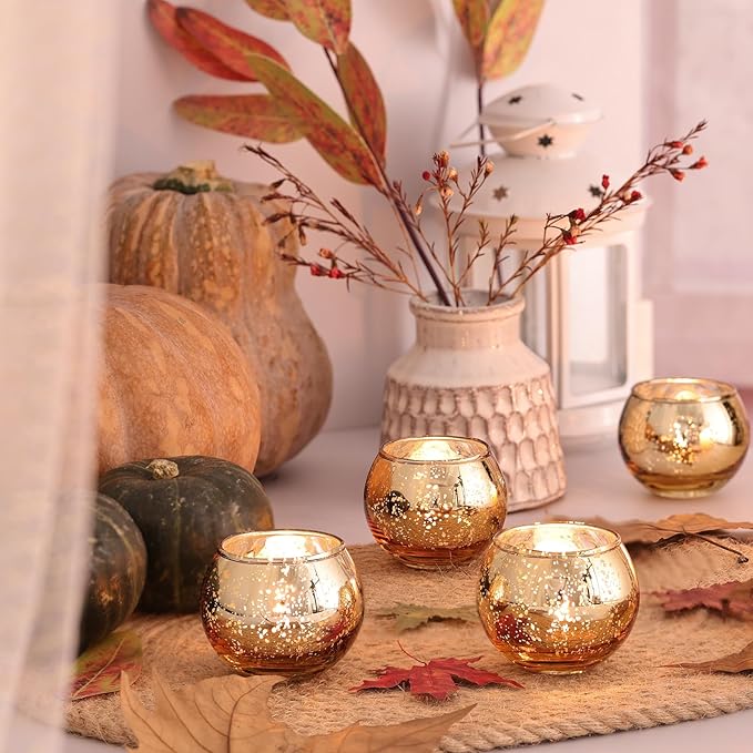 Volens Round Gold Votive Candle Holders, Mercury Glass Candle Holder Set of 12, Christmas Decorations for Table