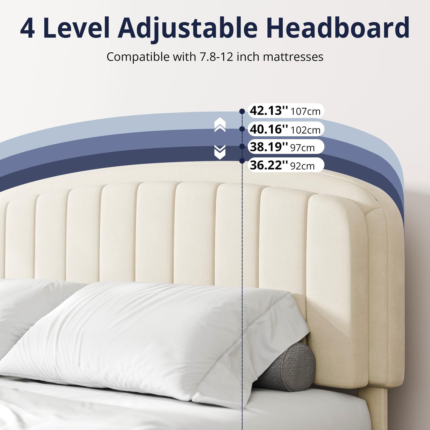 Cozy Castle Queen Bed Frame, Upholstered Platform Bed with Velvet Adjustable Curved Headboard, Mattress Foundation with Strong Wooden Slats, No Box Spring Needed, Easy Assembly, Cream