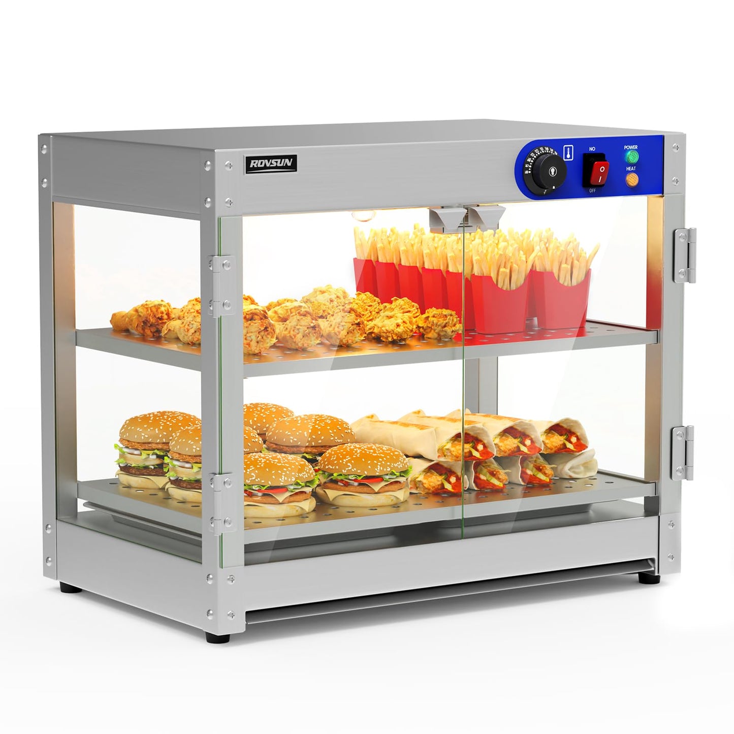 ROVSUN 2-Tier Food Warmer Pizza Warmer, Commercial Food Warmer Display with LED Lighting Removable Shelves Glass Door, Electric Countertop Food Warmer for Buffet Restaurant 110V 800W