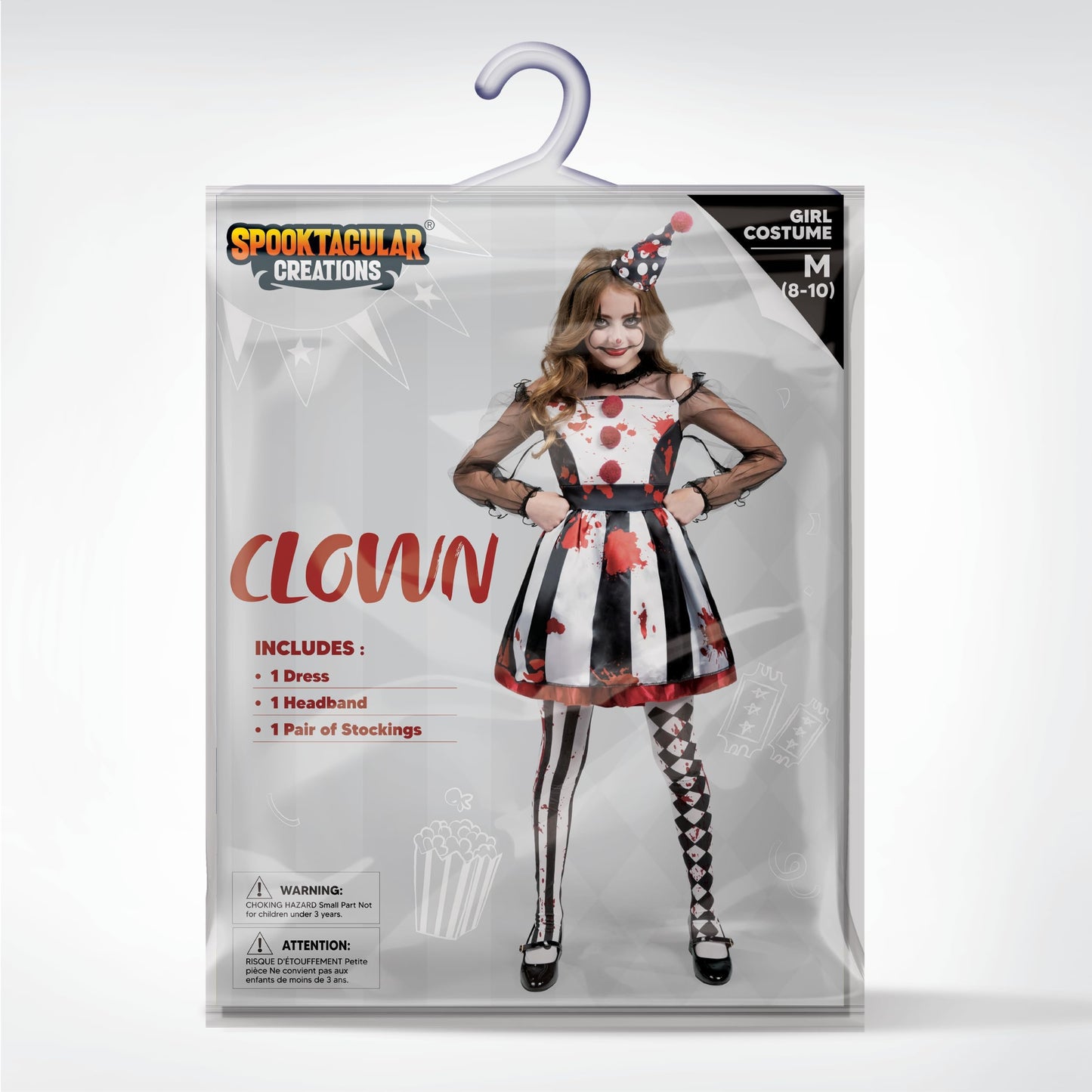 Spooktacular Creations Girls Clown Costume, Halloween Scary Clown Costume, Black and White Bloody Jester Dress for Girls Halloween Dress Up, Role Play, Cosplay Party-S