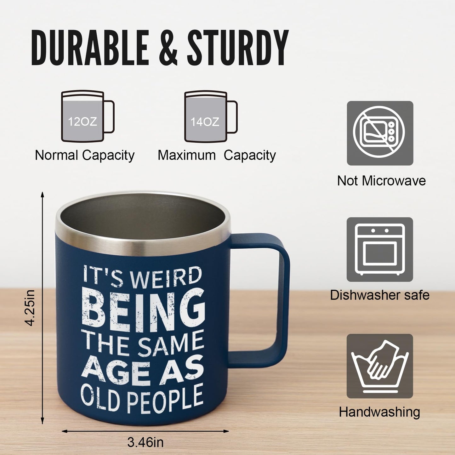 NOWWISH Birthday Gifts fo Men- Weird Being the Same Age as Old People Mug - Funny 50th 60th 70th Birthday Gifts for Men, Old People, Him, Husband, Grandpa (14oz, Navy Blue)