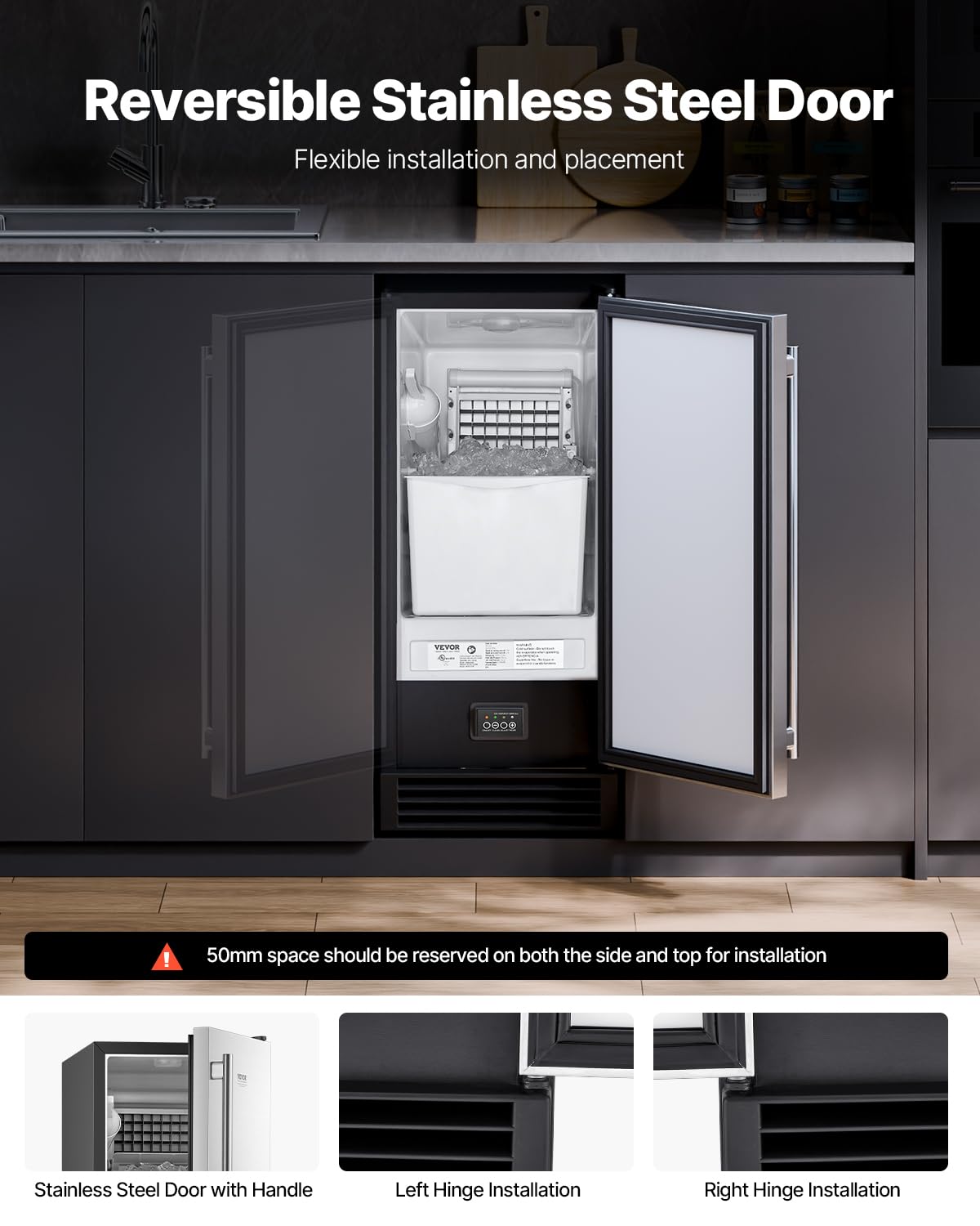 VEVOR Undercounter Built-in Ice Maker, 50 Lbs/Day Under Counter Ice Maker Machine with Drain Pump, Reversible Door, Stainless Steel Freestanding Ice Maker for Commercial Home Kitchen