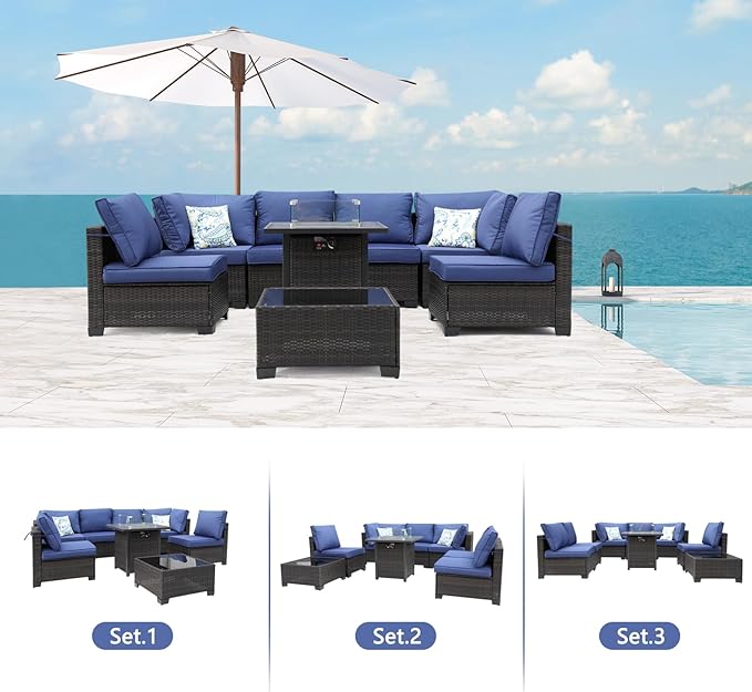 3D MATRIX 8 Pieces Patio Furniture Set with 28" Fire Pit Table, Wicker Outdoor Sectional Couch, Rattan Conversation Set for Backyard, Deck, Garden Lawn, Brown/Blue