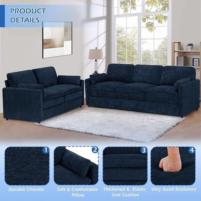 ACMEASE 2 Pieces Chenille Sofa Set w/Arm Pillows, Upholstered Loveseat & 3 Seater Sofa w/Comfortable Back Cushions, Modern 2-Seat & 3-Seat w/High-Density Foam for Living Room, Apartment, Blue