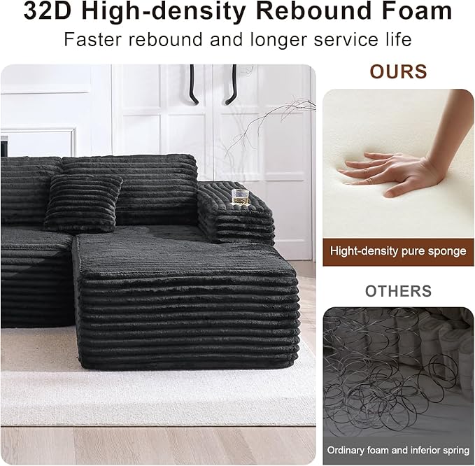 Cloud Sectional Couch with L-Shape Chaise, Modern Modular Sofa with Deep Seat, Built-in Cup Holder & Storage Pocket for Living Room Bedroom, No Assembly Required (Black Grey, Left Sitting Chaise)