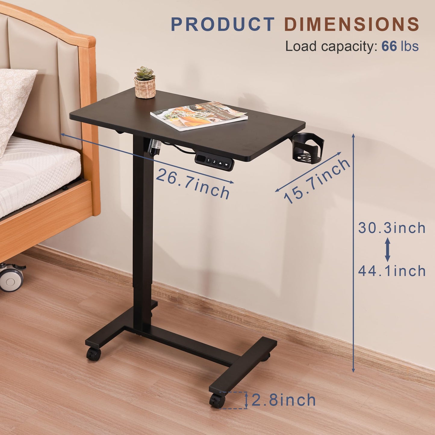 yaaqoo Electric Overbed Table with Wheels, Height Adjustable Bedside Sofa Recliner Side Tables, C Shaped Rolling Standing Small Laptop Desk for Home Office, Black