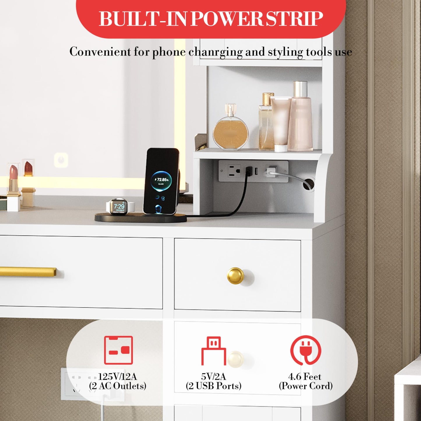 41" Vanity Desk with Mirror and Lights, Makeup Vanity with 6 Drawers, Storage Shelves, RGB Cabinets and 3 Lighting Modes Adjustable Brightness, Dressing Table with Charging Station for Bedroom- White