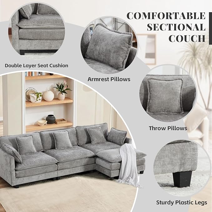SoarFlash 113.78" Chenille Sectional Sofa, Comfy L Shaped Modular Coush Sofa with Ottoman, Modern 4 Seat Couch Deep Seat Sofa Set for Living Room,Grey