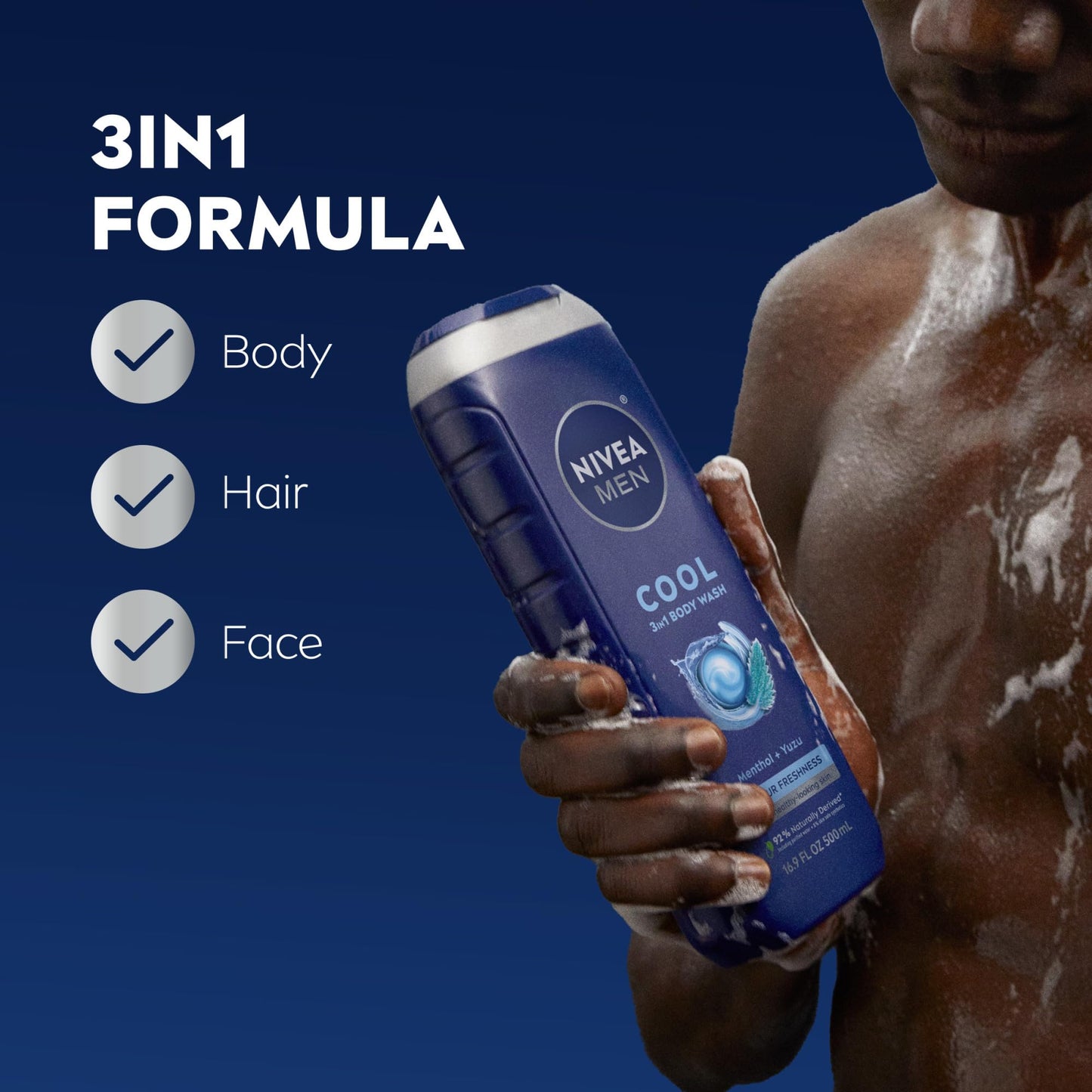 Nivea Men Cool Body Wash, Icy Menthol and Yuzu Scent, 3-in-1 Men's Body Wash, Face and Hair, Paraben Free, pH-Skin Friendly, 16.