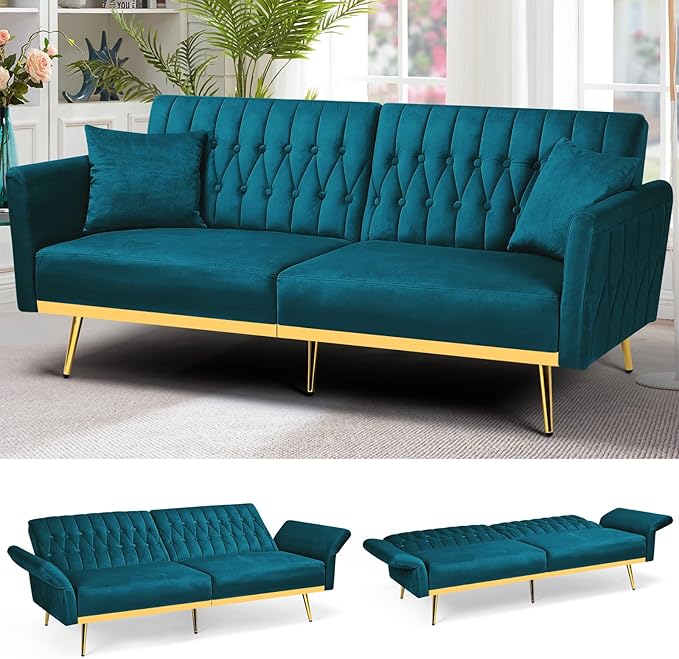ACMEASE 70” Velvet Futon Sofa Bed w/Adjustable Armrests and Backrest, Convertible Futon Couch w/2 Pillows, Modern Sleeper Bed for Living Room, Bedroom, Teal