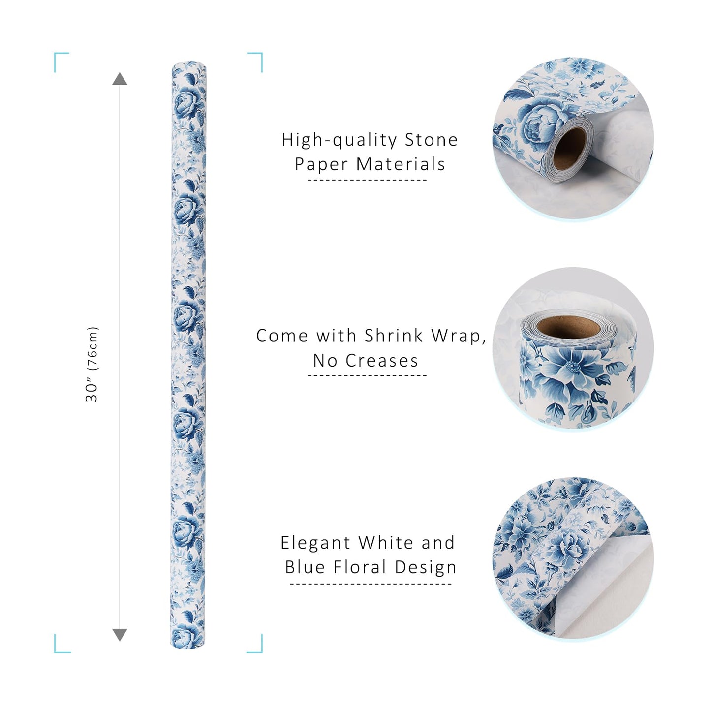 BIOBROWN Floral Wrapping Paper Jumbo Roll - 30 Inch X 33 Feet (82.5 sq. ft. ttl.) Blue White Peony Design Chinoiserie Gift Wrap Stone Paper for Wedding, Bridal Shower, Mother's Day