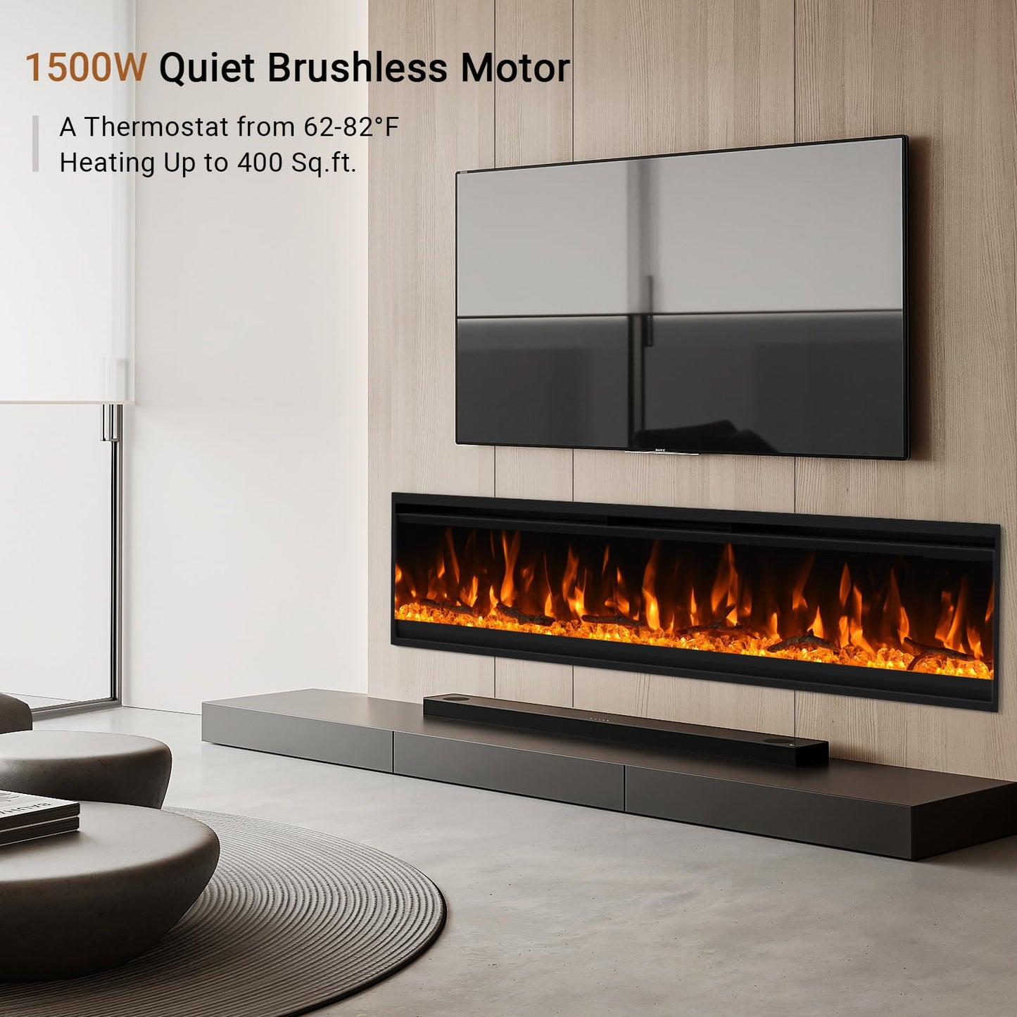 40 inch Electric Fireplace, 4.3" Ultra-Thin Electric Fireplace Inserts, Ultra-Narrow Frame, Wall Mounted and Recessed Fireplace, Log & Crystal, Touch Screen & Remote Control, 1500W