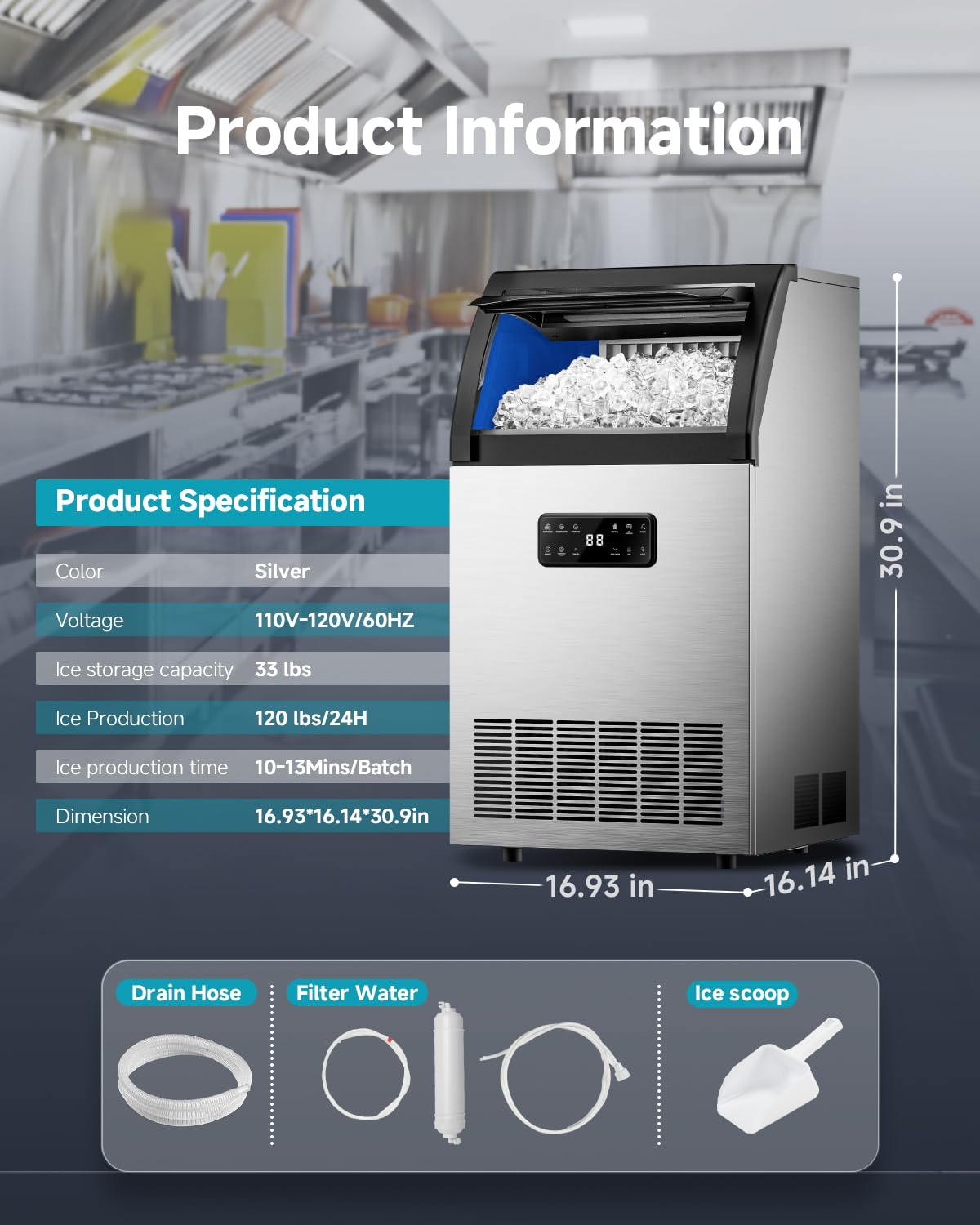 EUHOMY Commercial Ice Maker,120lbs/24H,Stainless Steel Under Counter Ice Machine with Water Filter,33lbs Storage Bin, 45 Cubes in 8-12 Mins, Freestanding Ice Cube Maker for Home/Bar/Cafe/Restaurant