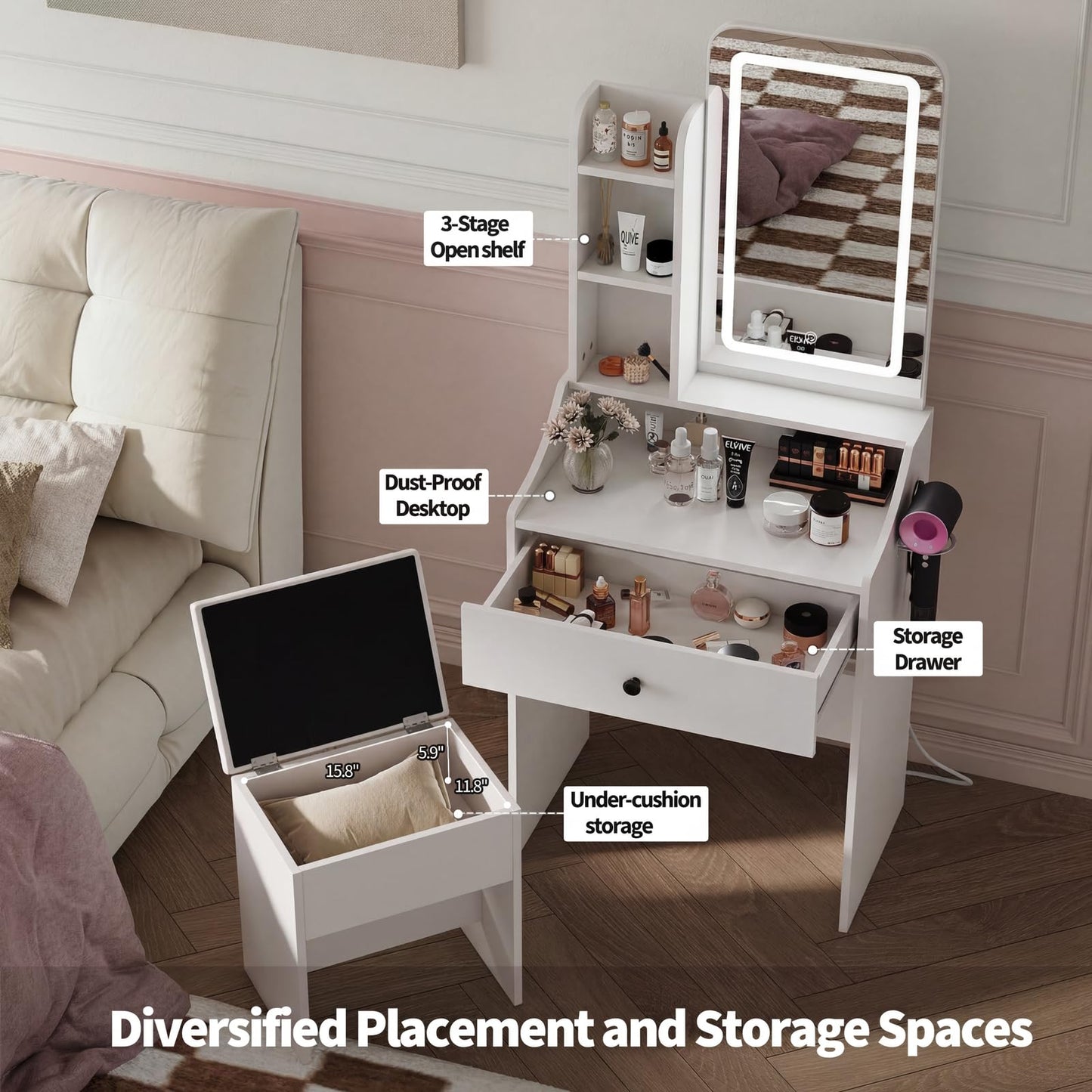 HAPPYMONT Small Vanity Desk with Charging Hub and Hair-Dryer Holder, Make up Mirror and Light Stepless Dimmable, Bedroom Dressing Table for Makeup, White