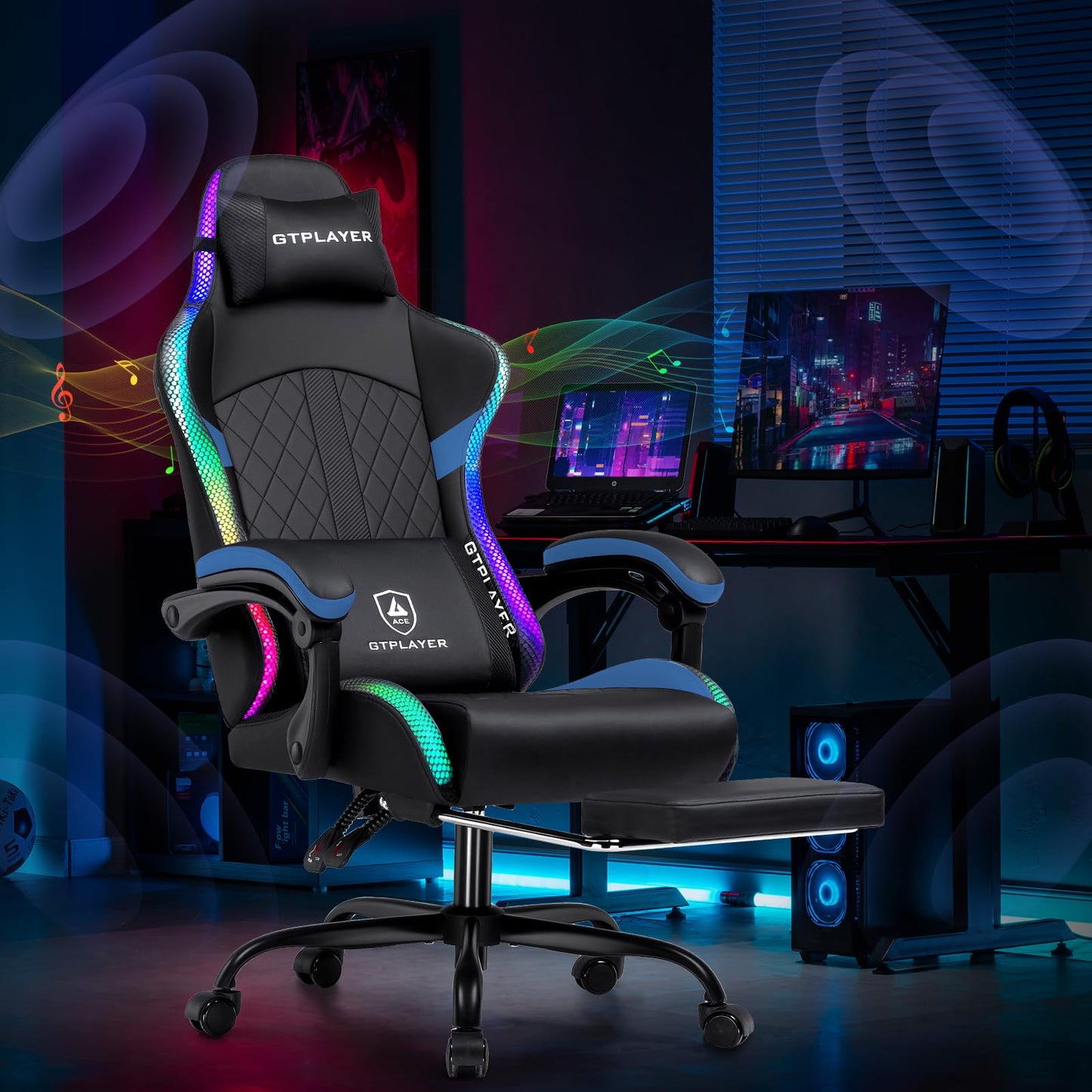GTPLAYER Gaming Chair with Speakers, Computer Chair with RGB LED Lights, High Back Ergonomic Chair for Adults with Footrest, Reclining Office Chairs, Linkage Armrest, Black Blue