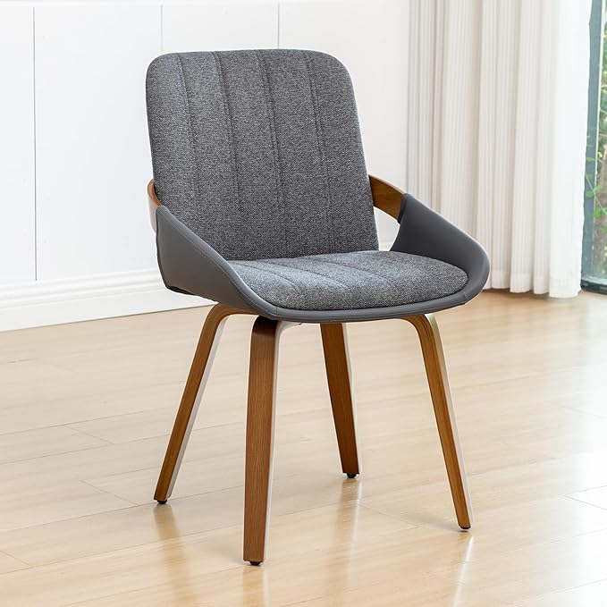 YOUUGIOR Dining Room Chairs,Mid Century Modern Gray Fabric+Faux Leather Kitchen Chairs Armless,Bamboo Legs Side Chairs No Wheels,Accent Chair for Dining Rooms,1PCS
