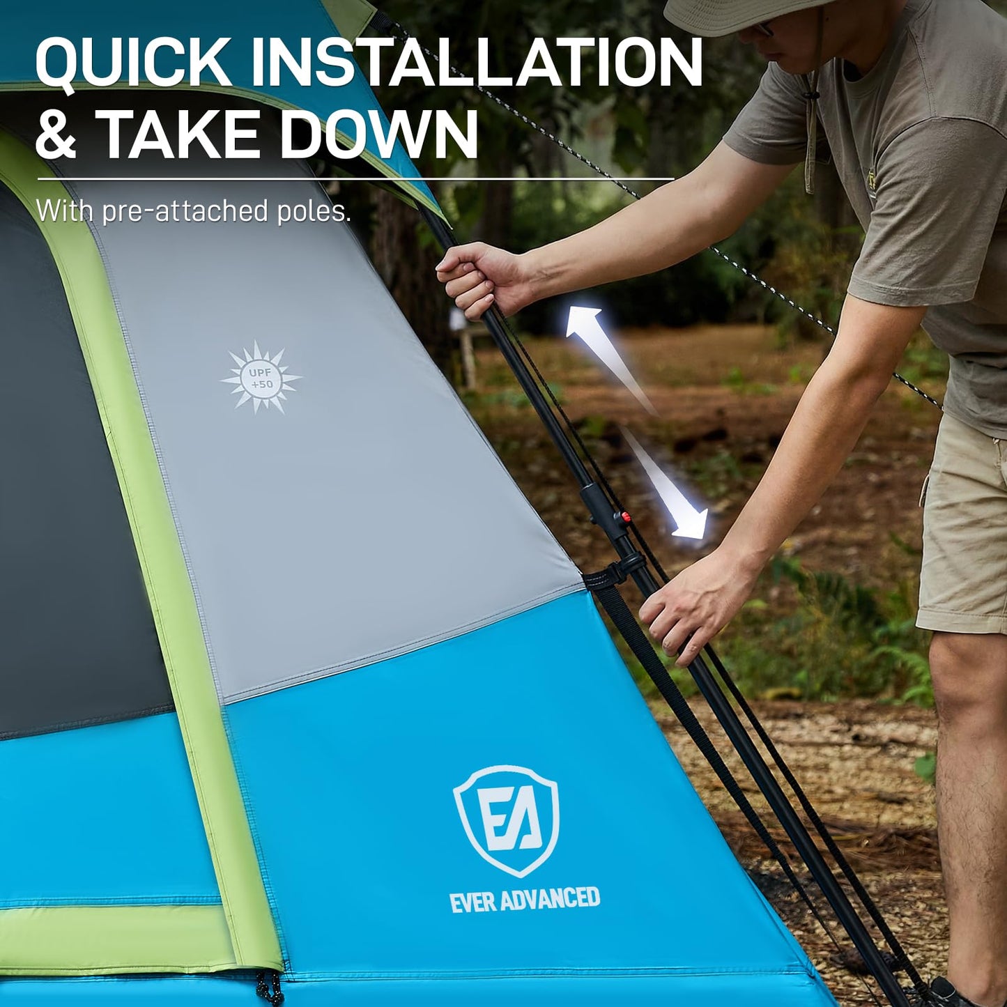 EVER ADVANCED 4 Person Blackout Camping Tent, 60s Easy Setup Instant Cabin Tent for Family, 4000mm Water-Resistant & UV Protection Light-Blocking Tent with Rainfly for Outdoor Travel, 8' x 7' x 59"