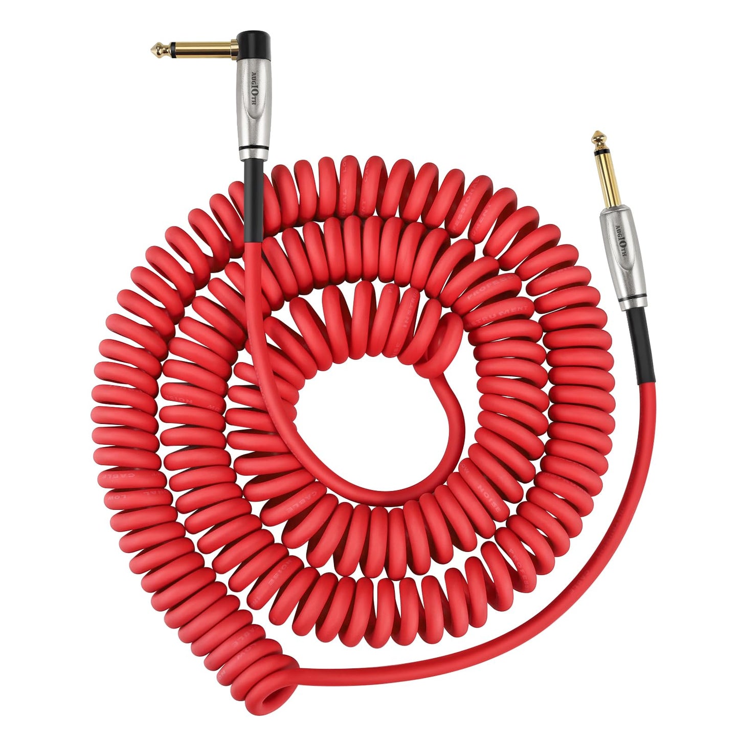 Augioth Curly Guitar Cable 30Ft, Coil Electric Instrument Guitar Bass Cord Amp Lead 1/4 Straight To Angled Red