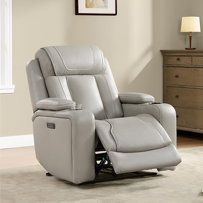 Watson & Whitely Super Zero Gravity Recliner Chair, Oversized Genuine Leather Electric Recliner W Power Adjustable Headrest & Lumbar Support Hidden Storage for Living Room, Light Grey
