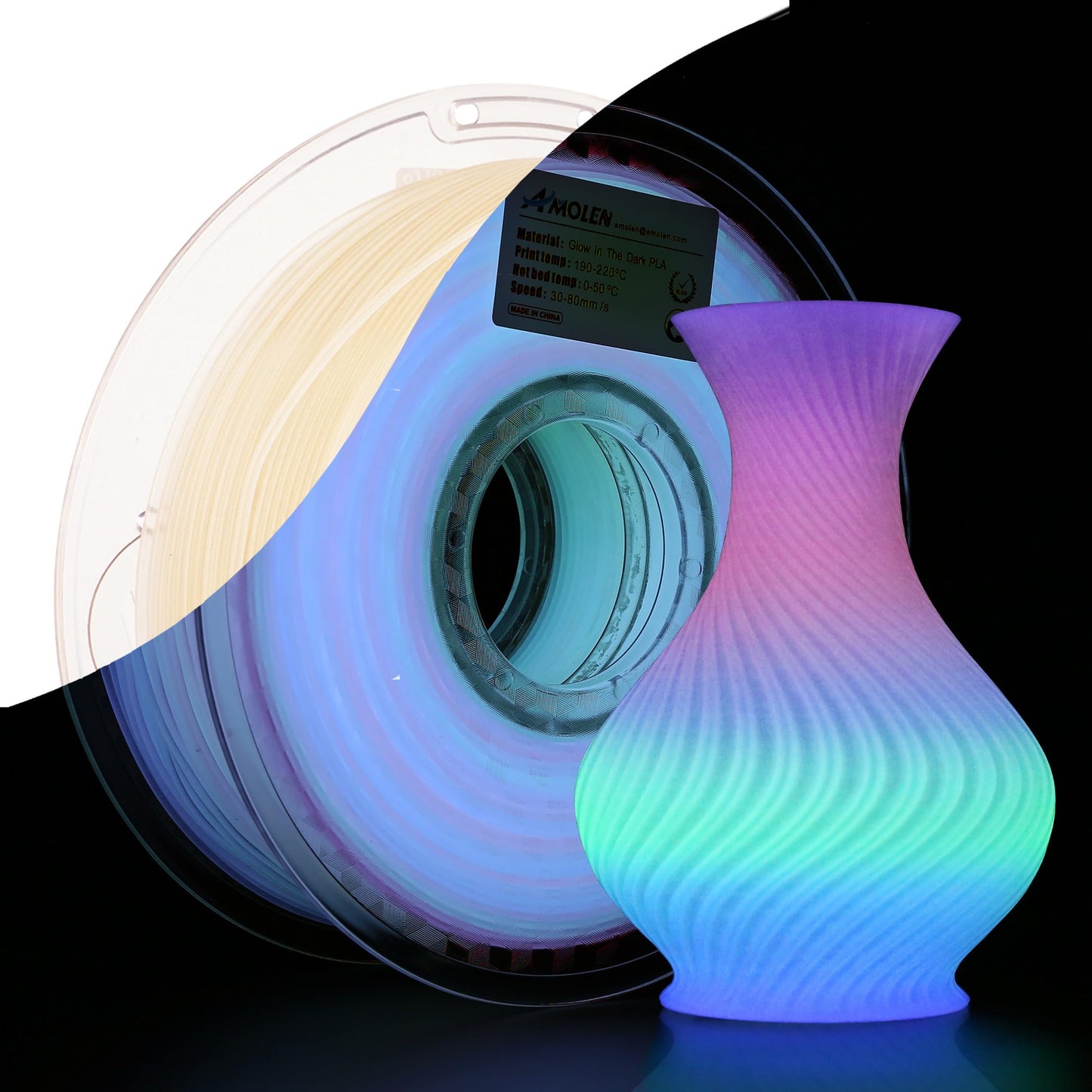 AMOLEN Rainbow PLA 3D Printer Filament, Glow in The Dark Multicolor, Blue/Green/Purple Rainbow, 10-Minute Color Shift, High Prec