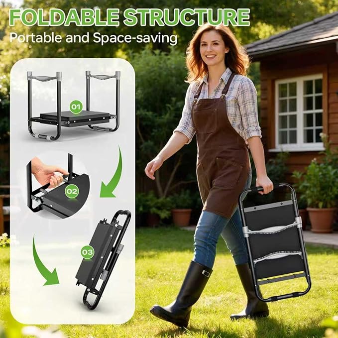 KeepTrim Garden Kneeler and Seat, Foldable Ergonomic Kneeling Bench with Tool Pouch 400 Lbs Heavy Duty 2-in-1 Comfortable Cushioned Kneeling Chair for Gardening Yard Work (Black)