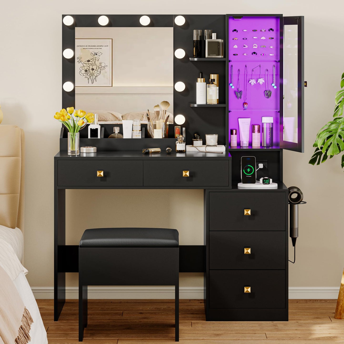 Vanity Desk with Mirror and Lights, Makeup Vanity Table Set with 5 Storage Drawers, Power Outlet & Chair, Small Dressing Table with RGB Ambient Light, Adjustable Brightness for Girls Bedroom, Black