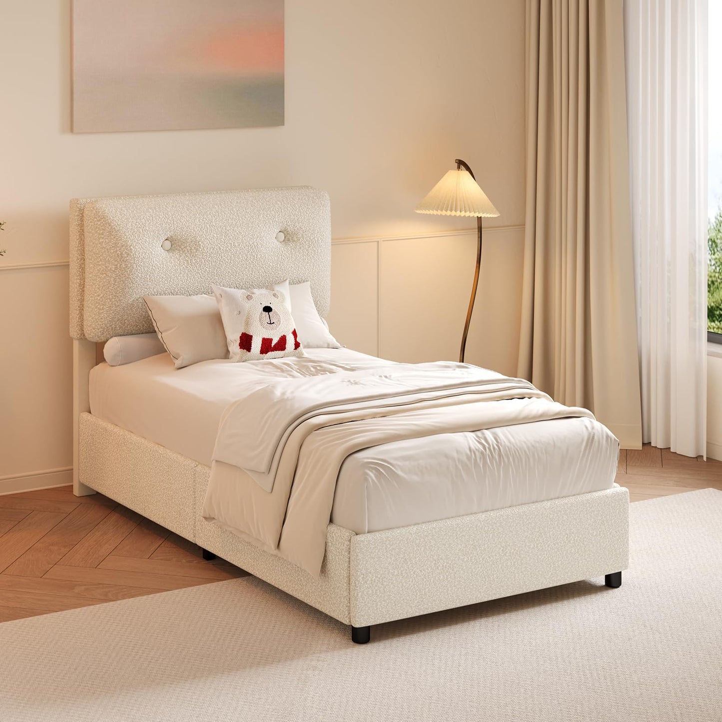Twin Bed Frames,Breathable Boucle Fabric Upholstered Bed Frame Twin with Headboard,Removable and Washable,Wood Slat Support,No Box Spring Needed,Easy Assembly,Cama Individual,Beige