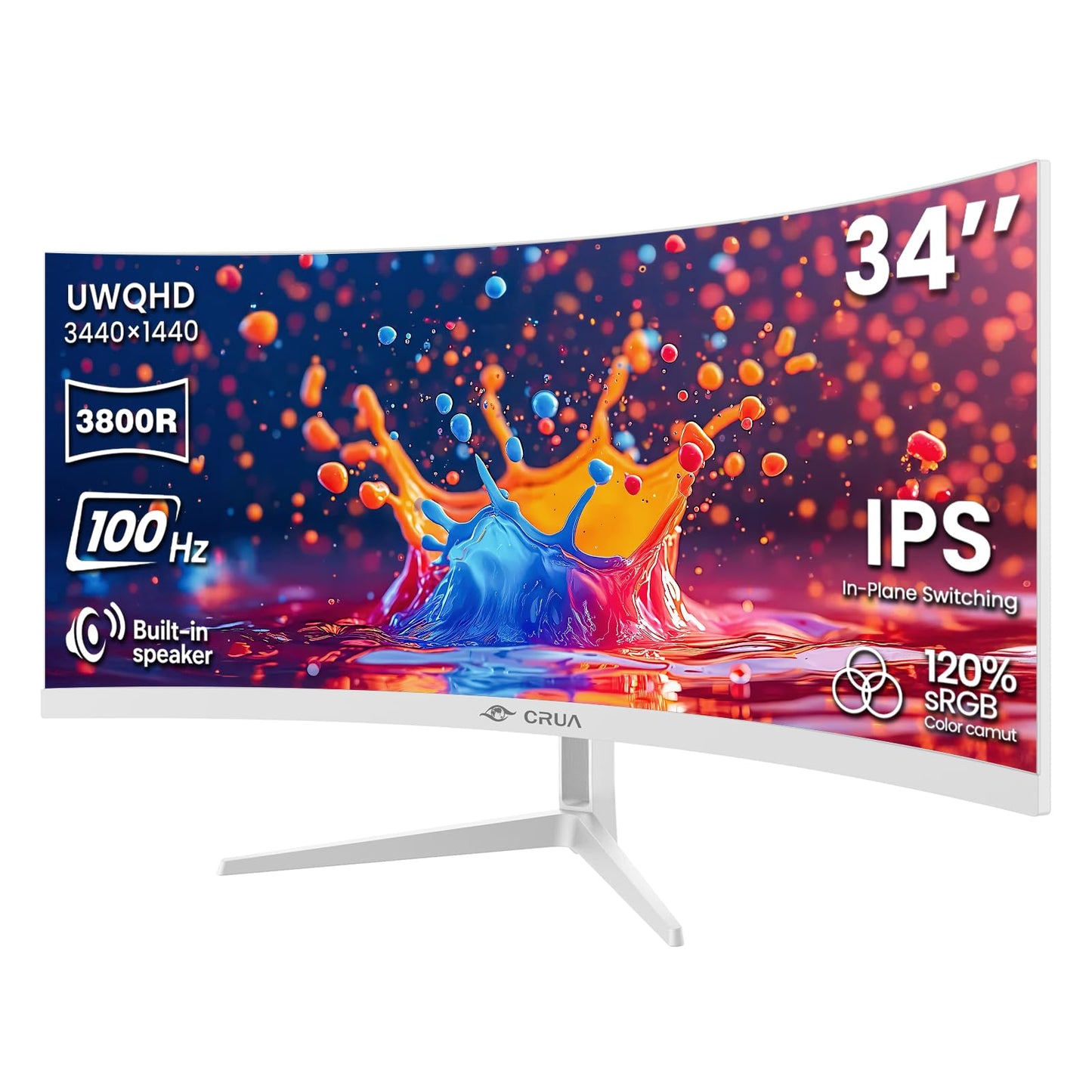 CRUA 34 Inch Ultrawide Curved Monitor, 21:9 UWQHD 3440x1440 100Hz 3800R IPS White Computer Monitors, FreeSync, Built-in Speakers, 120% sRGB, Blue Light Filter, HDMI 2.0 & DP 1.4, Wall Mountable