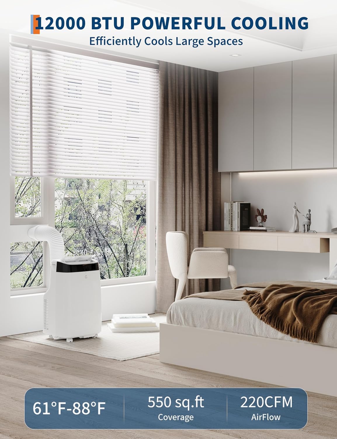 Air Conditioner Portable 12,000 Btu, Fast Cools 550 Sq.Ft., 3 In 1 Room Standing Air Conditioners With Remote Control & Led Disp