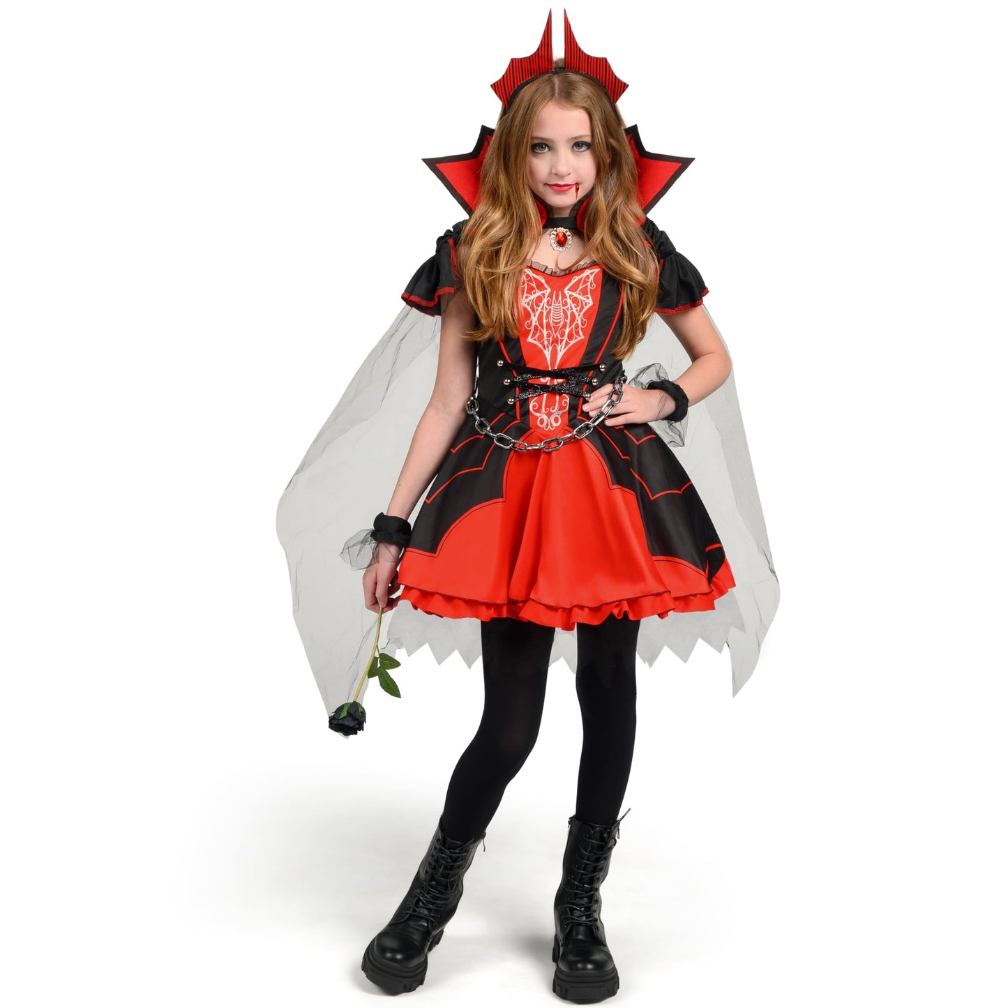 Spooktacular Creations Halloween Girls Vampire Costume, Red Dark Vampire Dress Costume for Girls Halloween Dress up, Role-Playing and Parties
