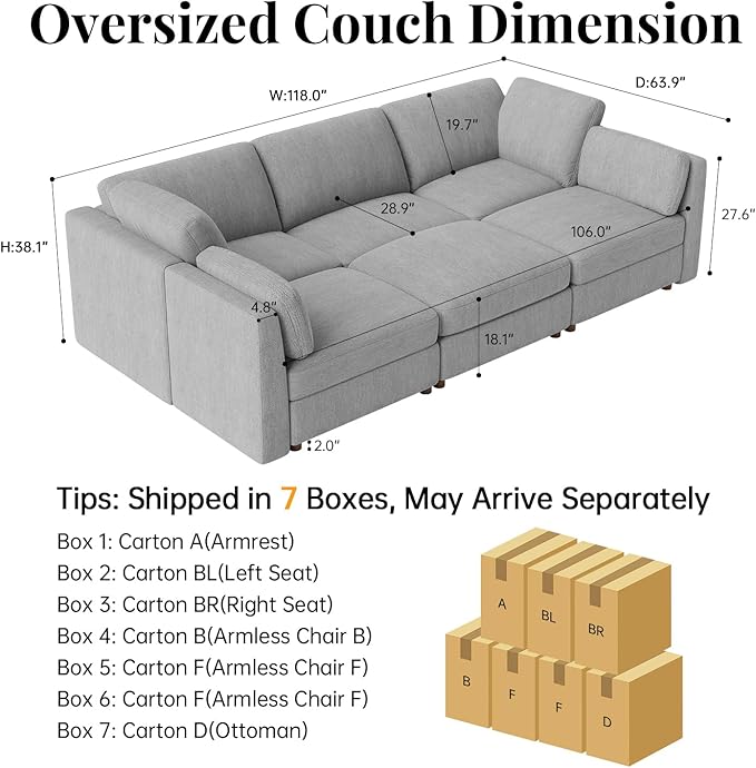 CUGOAO 118'' Modular Sectional Sofa Bed, Oversized Sectional Couch, Deep Seat Chenille Cloud Couch, Removable Cover, Mordern Upholstered Couches for Living Room, Apartment, Office, Grey