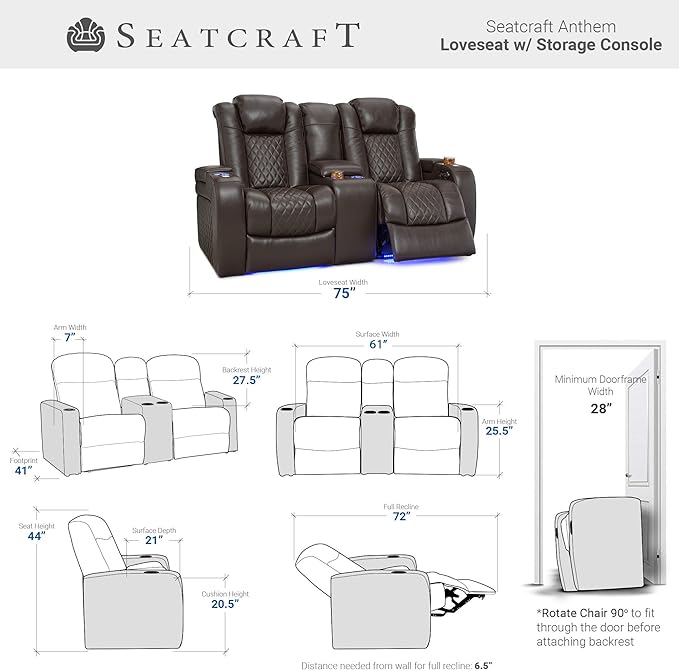 Seatcraft Anthem Home Theater Seating - Italian Leather - Power Recline Loveseat - Center Storage Console - Powered Headrests - Arm Storage - USB Charging - Cup Holders, Brown