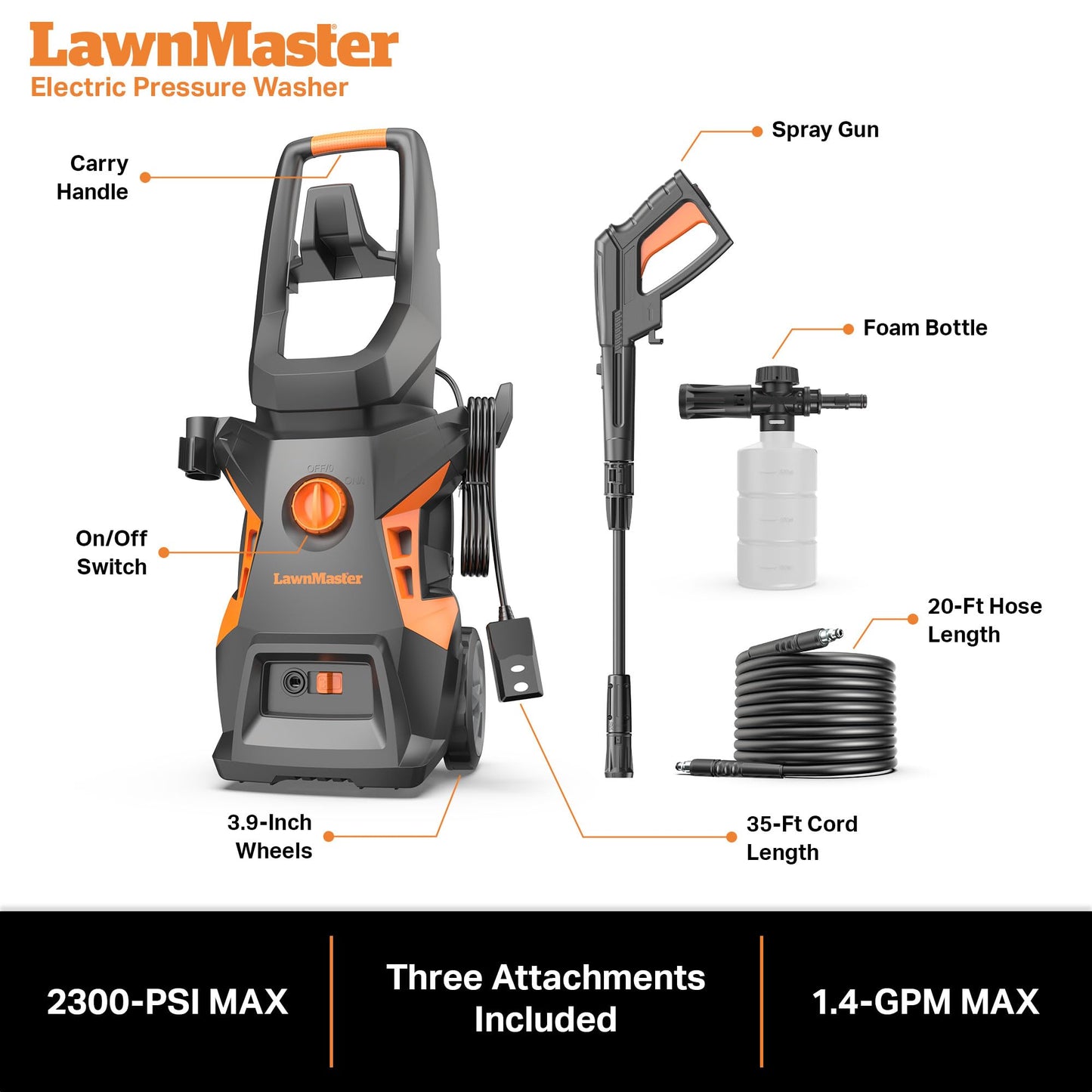 LawnMaster LT506-2000A Electric Pressure Washer 13 Amp 1.4 GPM 2300 Max PSI CSA Certified with Detergent Bottle