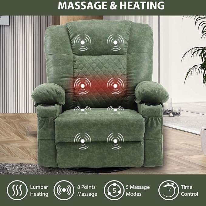 Comermax Massage Recliner Chair with Heat, 360° Swivel Rocker Recliner Chair with Cup Holders, 150° Recline PU Leather Recliner for Living Room, Dark Green