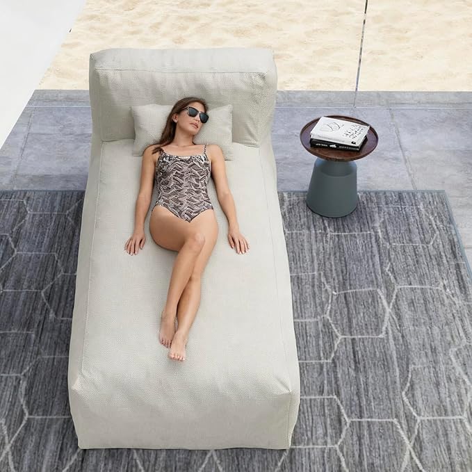 OPEAK Outdoor Bean Bed Chair Sun Lounger, Outdoor Couch Sofa for Patio & Pool, Foam Filling Day Bed Furniture, Comfy Lazy Sofa for Outside, Water-Resistant Seating Lounge Chair, Ivory