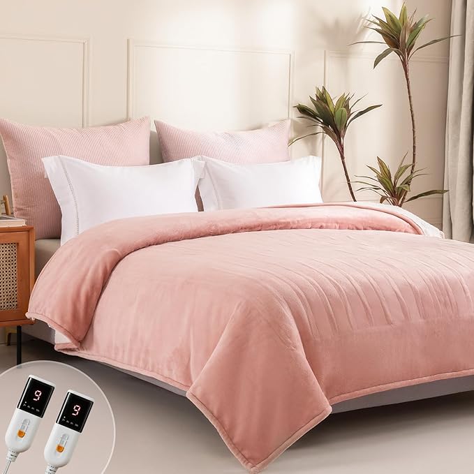 Heated Blanket King Size - Dual Controllers Electric Blanket King with 9 Heat Settings & 10 Hour Auto Off,Overheat Protection,Machine Washable 100"x90"(Candy Pink)