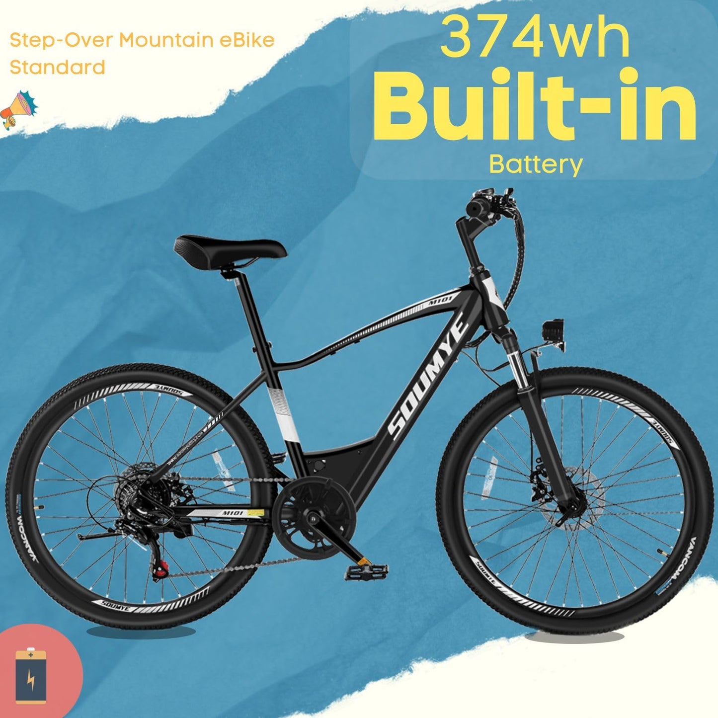 Soumye Electric Mountain Bike for Adults 26" Step-Thru/Over Ebike for Men Women with 350W Motor, 36V 10Ah Built-in Battery, 4 Riding Modes & 40Miles 20MPH