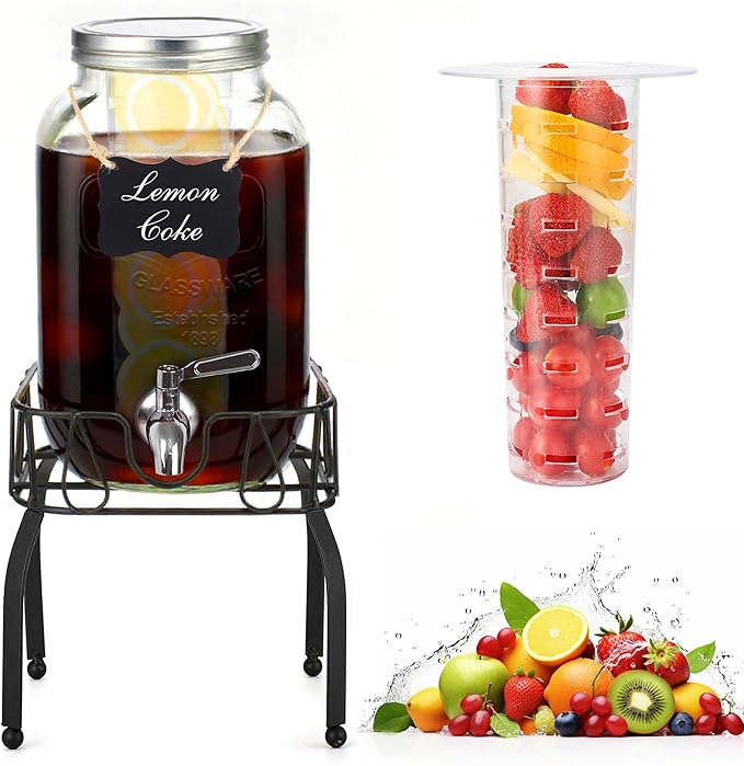 Glass Drink Dispensers for Parties, Beverage Dispenser with Stand, Ice Cylinder and Stainless Steel Spigot 100% Leakproof,...