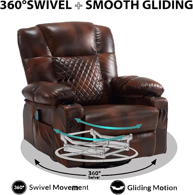 Comermax Massage Recliner Chair with Heat, 360° Swivel Rocker Recliner Chair with Cup Holders, 150° Recline PU Leather Recliner for Living Room, Brown