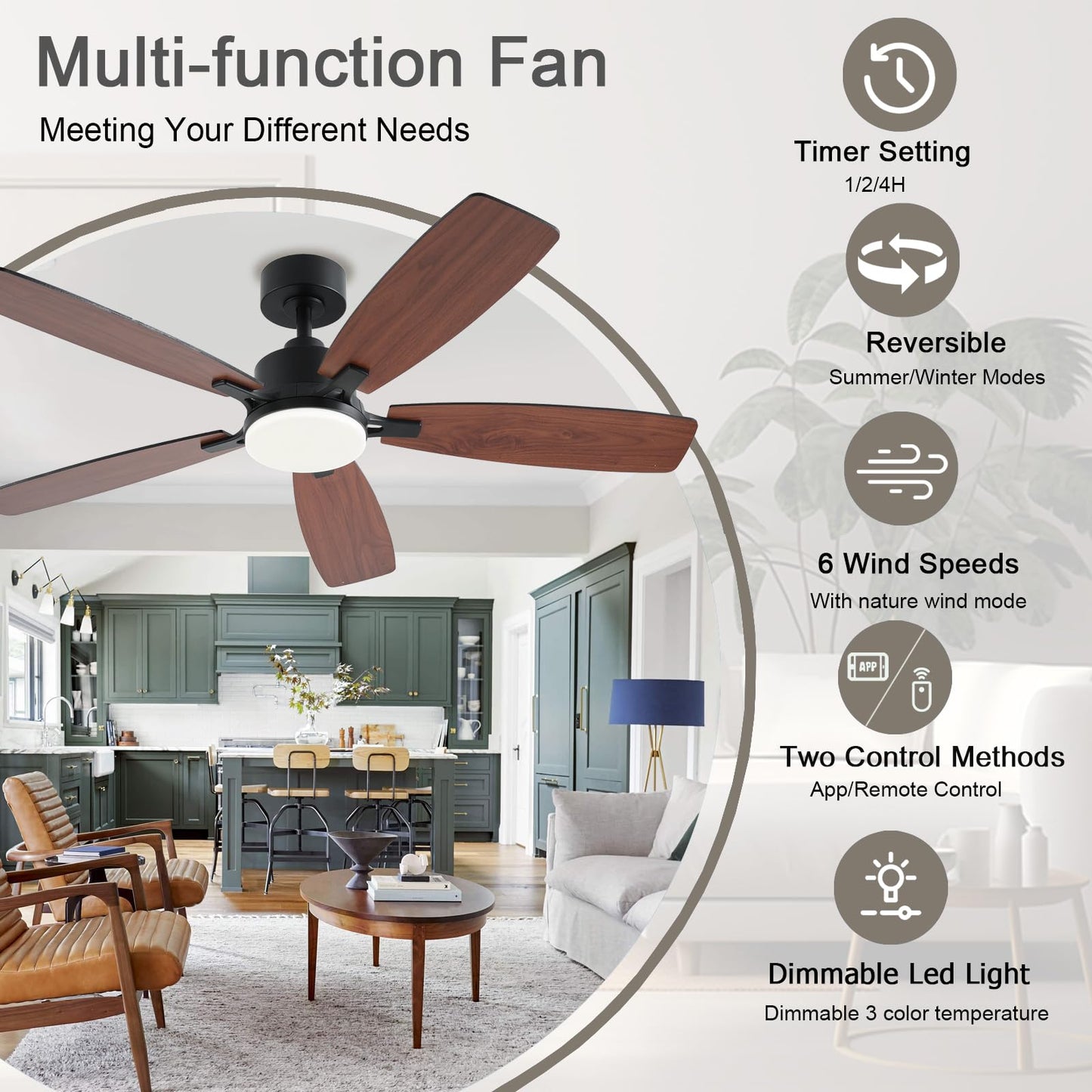 Nkpu 52Inch Ceiling Fans With Lights, Low Profile Ceiling Fan With Light And Remote/App Control, 2 Downrods, Dc Reversible Motor