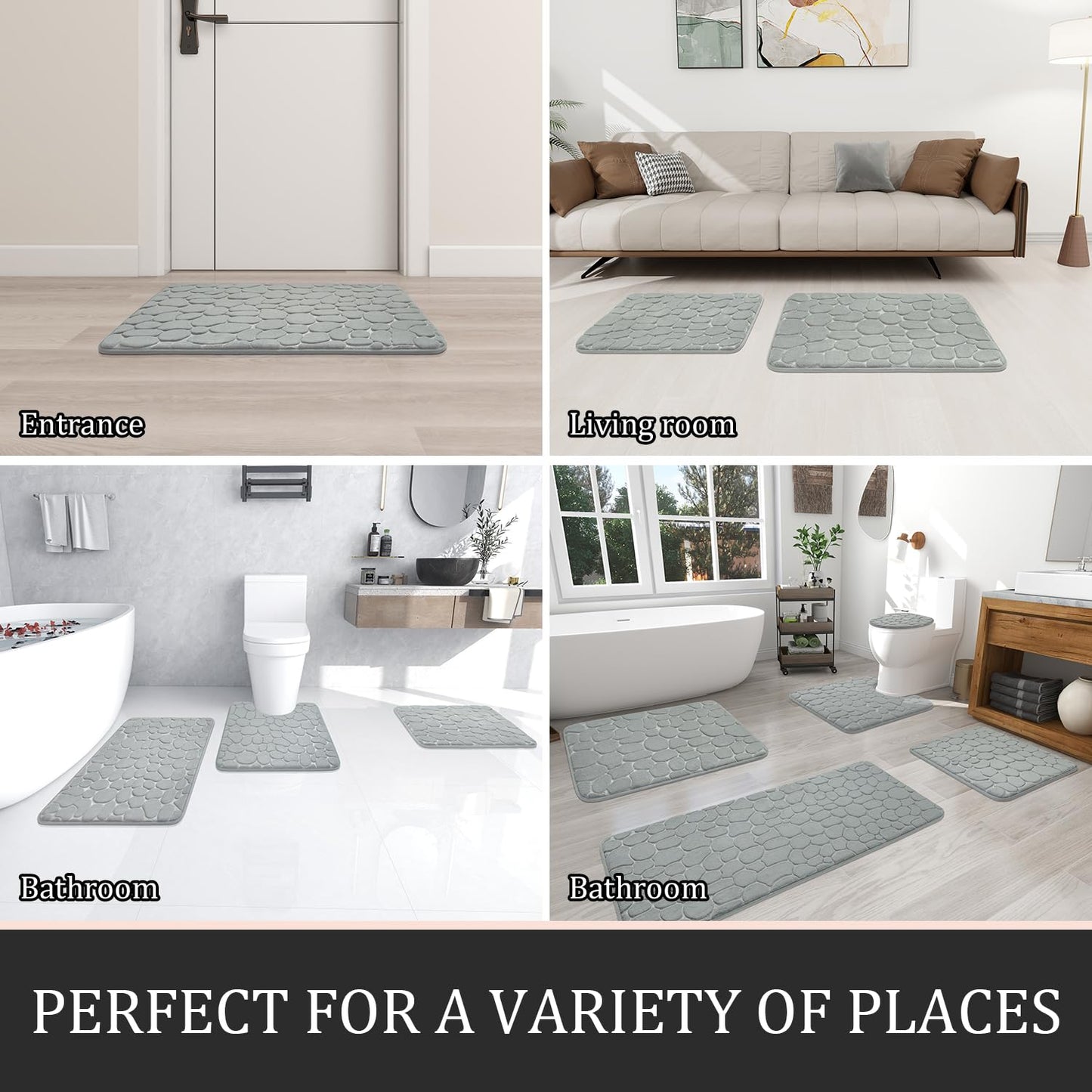 YIHOUSE Bathroom Rugs Sets 5 Piece, Cobblestone Memory Foam Bathroom Mats Set Extra Thick, Non Slip Bath Mats for Bathroom, Water Absorbent, Washable Light Grey Bath Rugs for Tub, Toilet and Floor