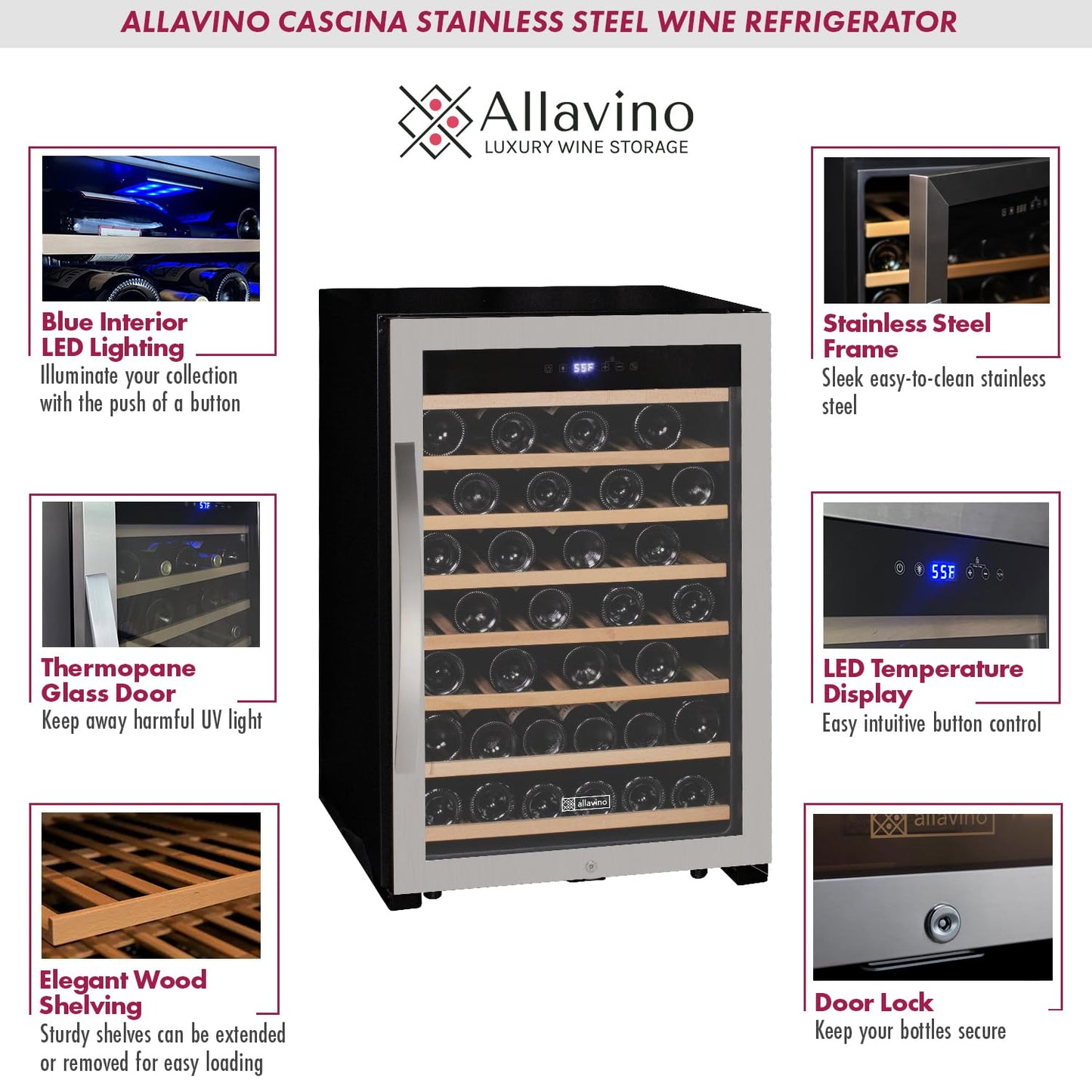 Allavino 22" Wide Cascina Series 55 Bottle Single Zone Stainless Steel Wine Refrigerator KWR55S-1SR