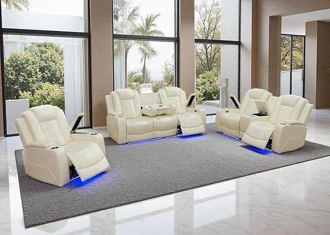 Toseslo Power Recliner Sofa Set with Drop-Down Table, 3-Piece Leather Reclining Sofa Sectional Couches, Living Room Furniture Sets, Reclining Sofa with Cup Holders for House(Creamy White)