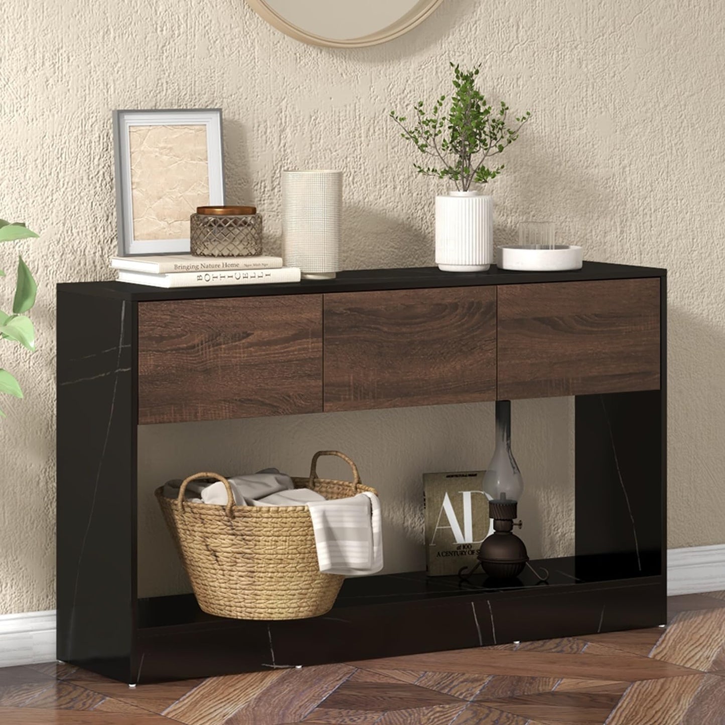 LAZZO 51" Long Console Table 3 Drawers Entryway Sofa Table with Storage and Open Shelf Behind Couch for Living Room, Foyer, Hallway, Entry Black and Office Marble Black and Brown