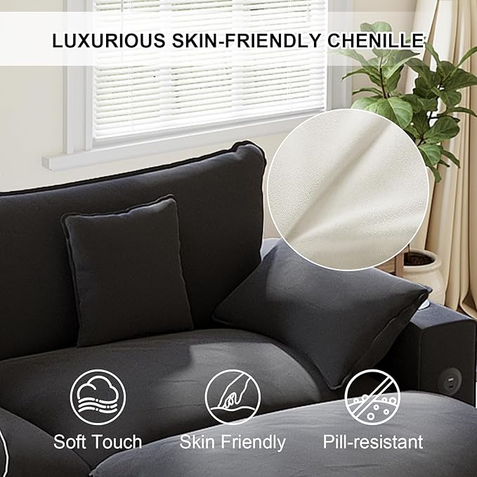 KCGKCG 80.7" Modular Sectional Sofa, L Shaped Cloud Couch with Movable Ottoman, Chenille Deep Seat Cloud Sofa with Charging Station, Cup Holder, Side Pocket, Sectional Couches for Living Room, Black