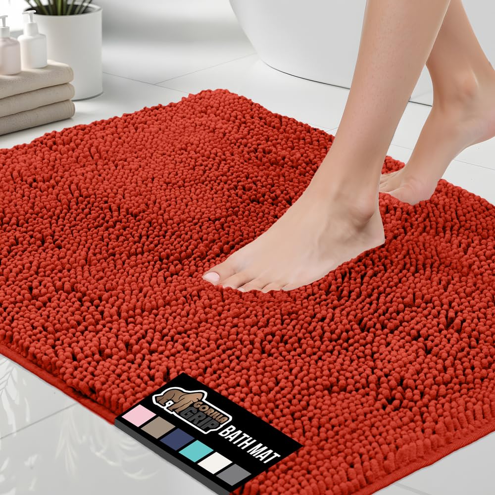 GORILLA GRIP Bath Rug Mat, Soft Absorbent Chenille, Quick Dry Microfiber Mats, Rubber Backing Washable Shower Floor Rugs, Bathmat Runner, US Designed Bathroom Home Accessories 24x17, Sunset Orange