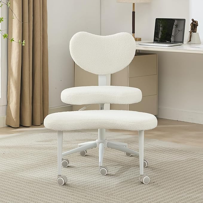 Cross Legged Office Chair with Wheels–360°Swivel Meditation Chair, Adjustable Height Yoga Office Chair for Adults, Ergonomic Kneeling Chair with Back Support for ADHD, Teddy Fabric, Ivory