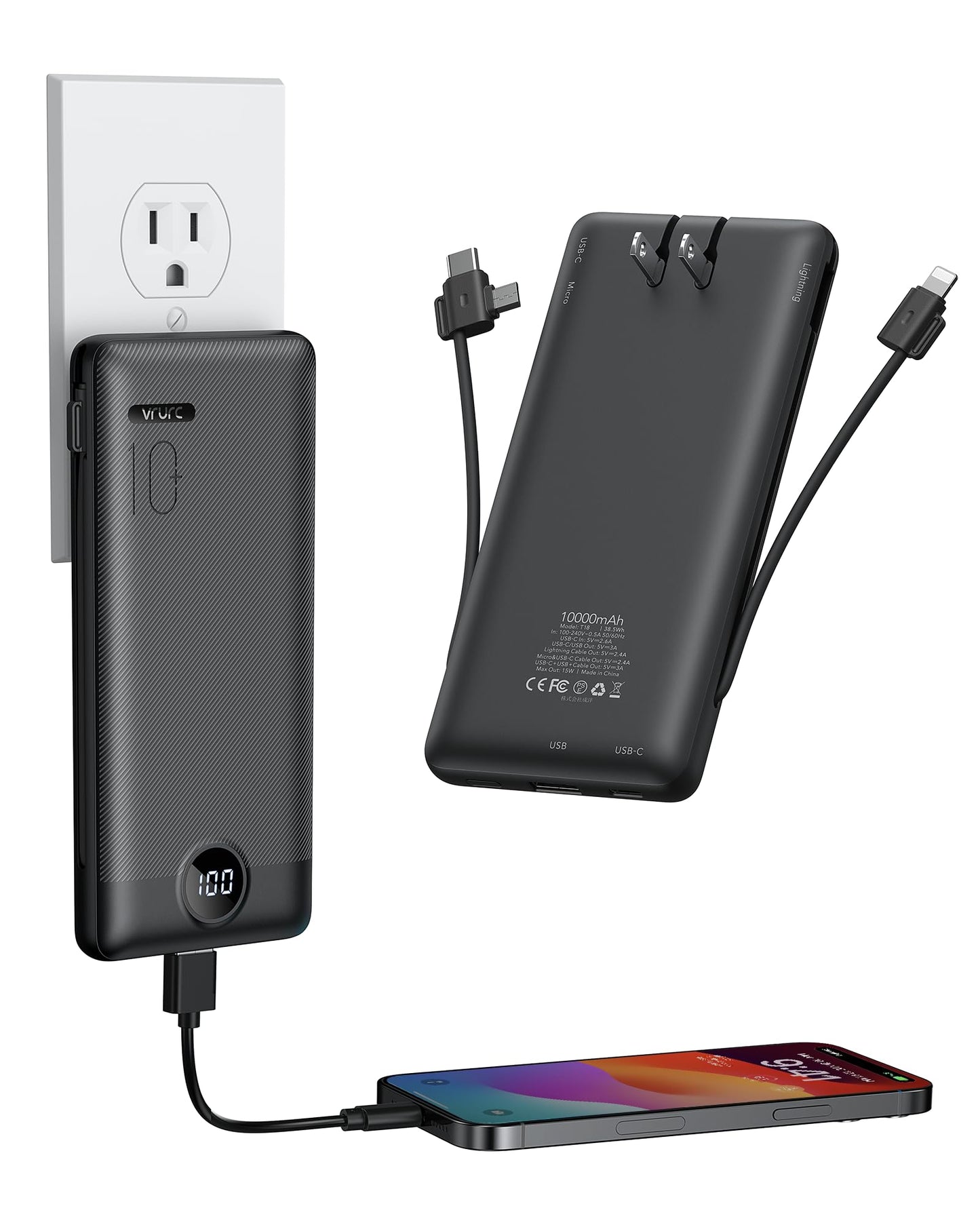 VRURC Portable Charger 10000mAh with Built-in Cables, PD 20W Fast Charging, Black, Model T18, Travel Accessories