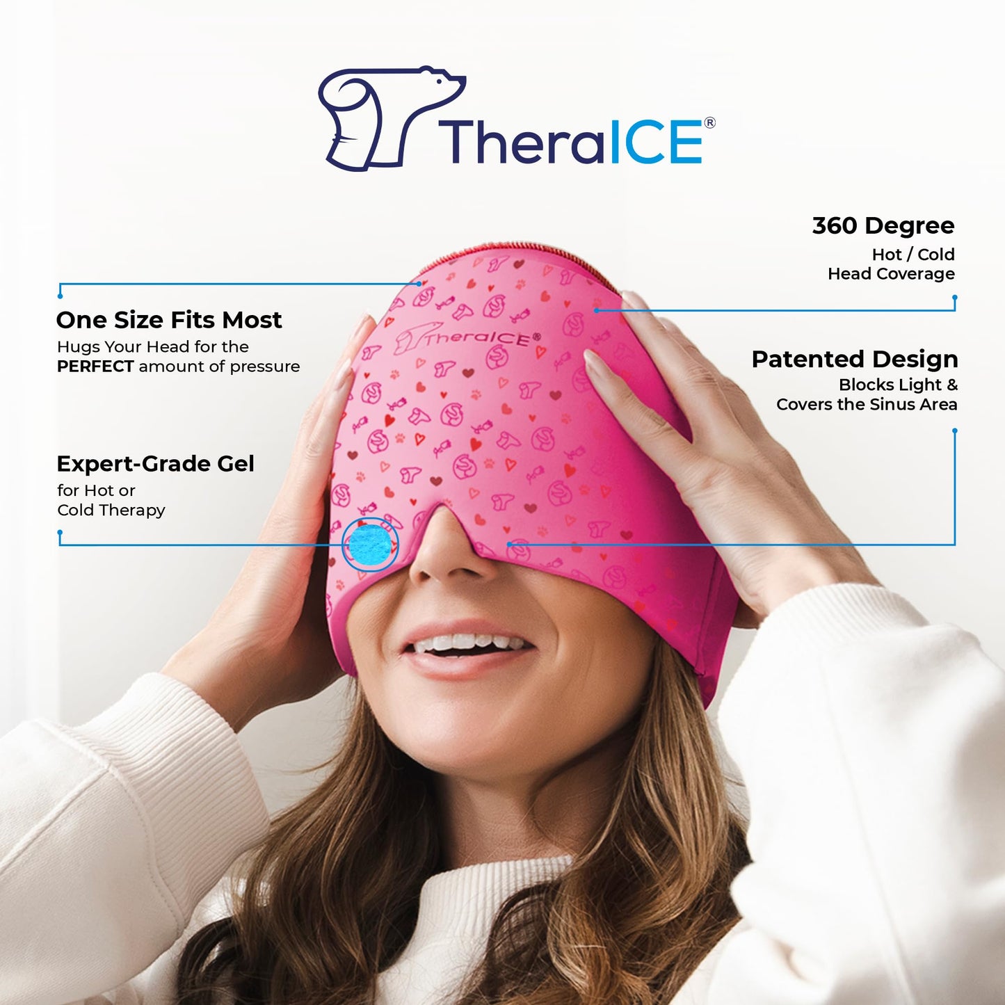 TheraICE Migraine Relief Cap, Migraine Ice Pack Mask, Women Cooling Gel Hat, Face Cold Compress Head Wrap for Her Stress. Great Gift for Mom, Sister, Girlfriend, Grandma & Teacher