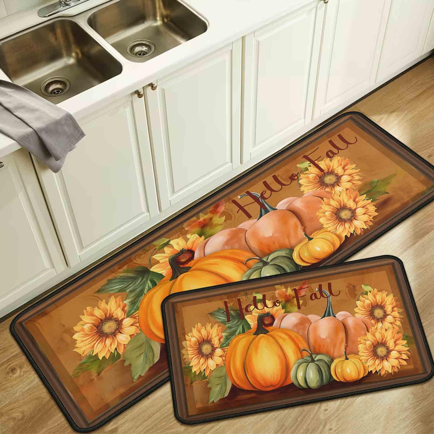Noulmea Hello Fall Pumpkin Decorative Kitchen Rugs Set of 2,Thanksgiving Autumn Pumpkin Front Door Mat Floor Rug for Fall Home Holiday Party Decor 17"x47"+17"x30"